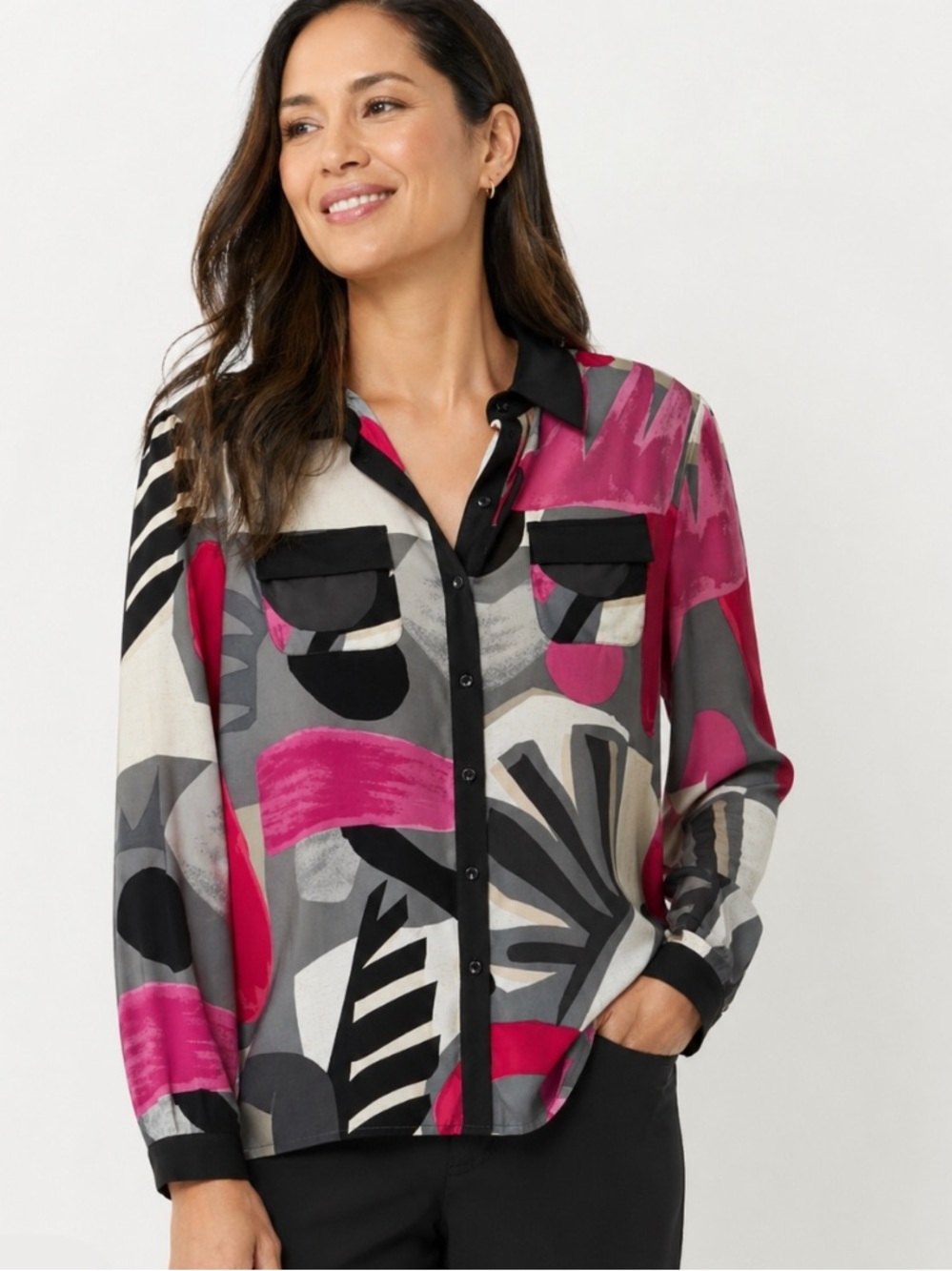 NIC+ZOE Multicolor Button Up Shirt Abstract Print Art To Wear Artsy Sz Medium